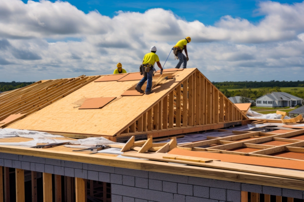 Construction crew installing plywood roof decking on a new residential home under a blue sky.